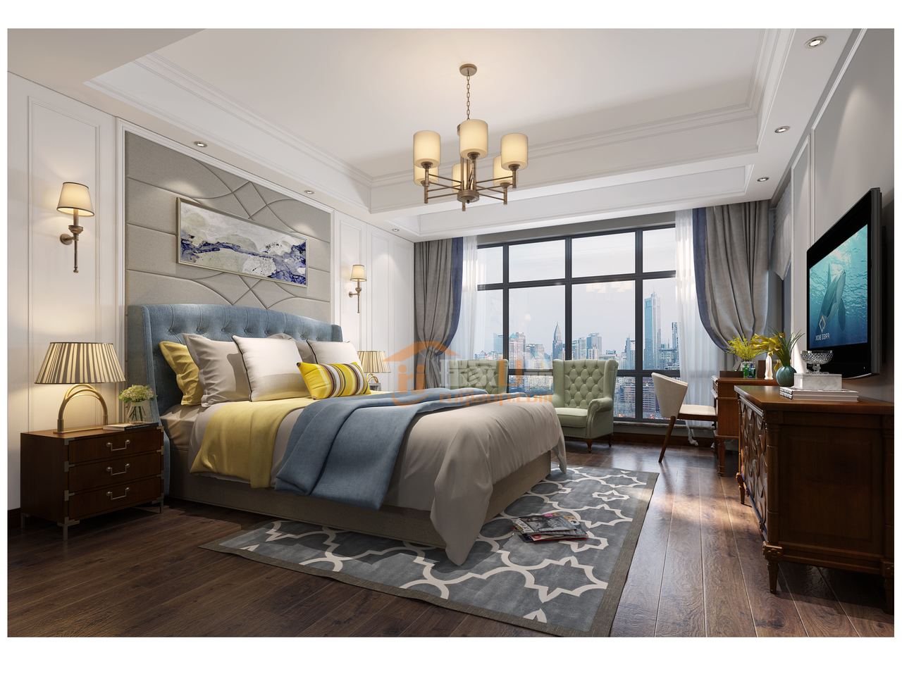 贵阳美的林城时代现代美式风格卧室装修设计效果图！